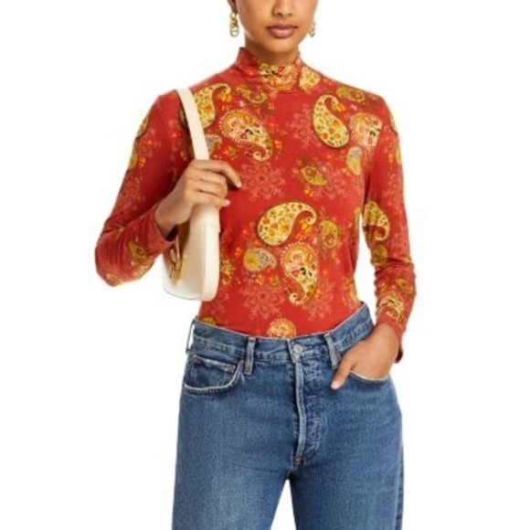 Johnny Was Janie Favorite Red Paisley Mock Neck Long Sleeve Top XS Boho Hippie